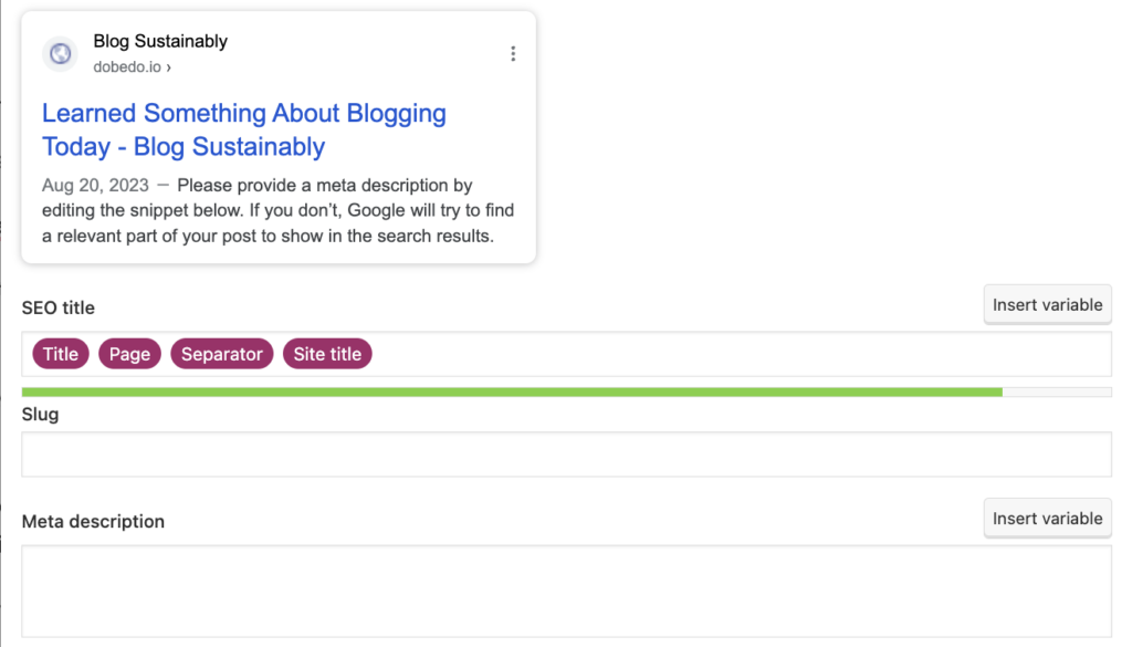 Learned something about blogigng today screenshot depicting the variables  on the plum colored buttons under SEO title.